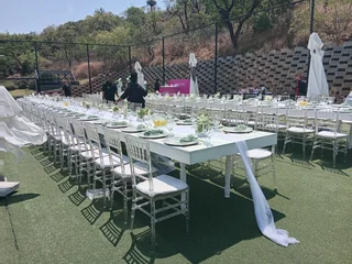 Full decor set up. Wooden tables hire, White or Brown Wooden tables hire. Wimbledon chairs hire