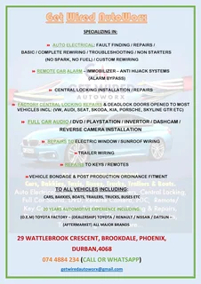 Auto Electrical Repairs, Car Alarms, Central Locking, Car Audio Installation