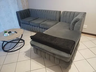 Like-New Grey Velvet L-Shape Couch