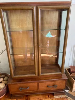 Walnut wood & glass display cabinet