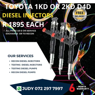 Toyota 1KD or 2KD D4D Diesel Injectors for sale on service exchange or to recon