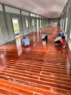 Wooden flooring restoration services especially for Oregon pine parquet planks sanding and sealing.