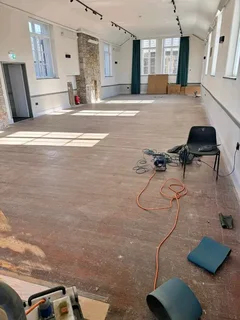 Wooden flooring restoration services especially for Oregon pine parquet planks sanding and sealing.