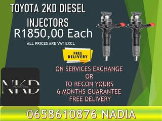 Toyota 2KD Diesel injectors for sale or recon with 6 months warranty.