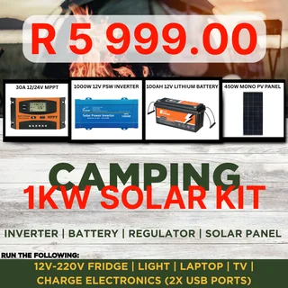 1kw 12v  Solar Camping Kit - Inverter / Regulator / Battery / Pv Panel