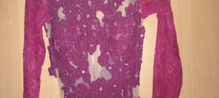 Elegant Burgundy Lace Evening Gown, Worn Once, Size S-M, Negotiable Price