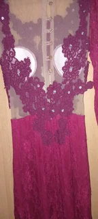 Elegant Burgundy Lace Evening Gown, Worn Once, Size S-M, Negotiable Price