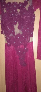 Elegant Burgundy Lace Evening Gown, Worn Once, Size S-M, Negotiable Price