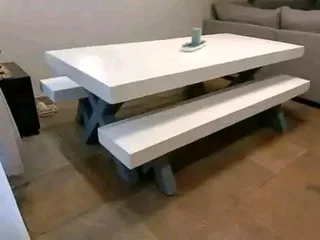 8 seater stunning crossleg dining table with benches available for cash on delivery