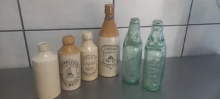 5 x Old Collectable Mineral Water Cod & Ginger Stoneware Bottles
