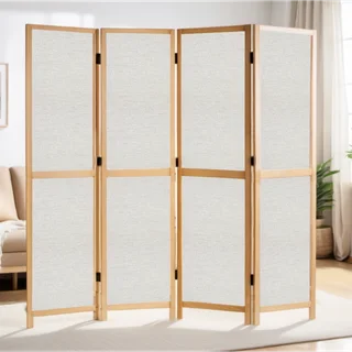 4-Panel Single-Sided Upholstery Fabric Folding Screen Room Divider with Wooden Frame