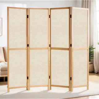 Partition 4-Panel Single-Sided Upholstery Fabric Folding Screen Room Divider with Wooden Frame
