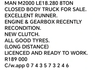 MAN M2000 8 TON TRUCK FOR SALE.