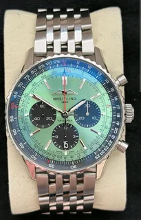 Breitling Navitimer Mens 46mm Chronograph Watch Steel Green Panda Dial