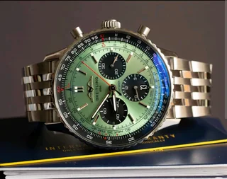 Breitling Navitimer Mens 46mm Chronograph Watch Steel Green Panda Dial