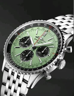 Breitling Navitimer Mens 46mm Chronograph Watch Steel Green Panda Dial