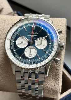 Breitling Navitimer Mens 46mm Chronograph Watch Blue Panda Dial Stainle