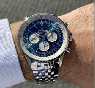 Breitling Navitimer Mens 46mm Chronograph Watch Blue Panda Dial Stainle
