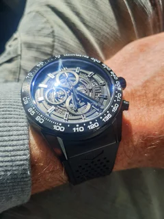Tag Heuer Carrera 01 Mens Chronograph Watch Skeleton Dial Rubber strap