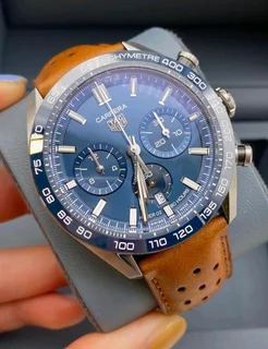 Tag Heuer Carrera 02 Mens Chronograph Watch Blue Dial Leather racing strap