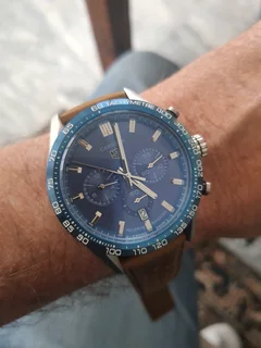 Tag Heuer Carrera 02 Mens Chronograph Watch Blue Dial Leather racing strap