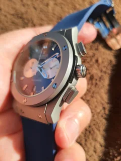 Hoblot Classic Fusion Mens Chronograph Watch Blue Sandblasted case