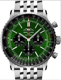 Breitling Navitimer Mens 46mm Chronograph Watch Sunburst Green Dial Stainless Steel Bracelet