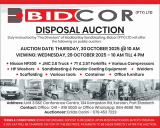 Auction :  Disposal Auction - Port Elizabeth - Thursday 30th October 2025 &#64; 10am