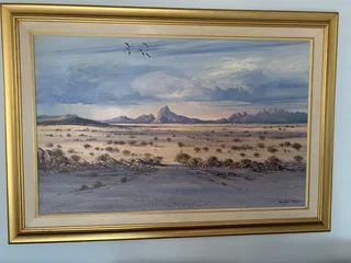 2 Landscape oil Paintings by painter Louis Audie - Spitzkoppe Namibia and 1 other painting.