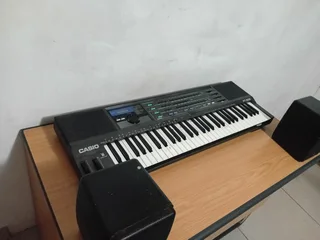 Casio keyboard HT-3000, ring lighter, monitor two speakers