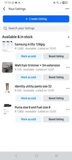 Samsung a05s,puma shoes(8),Fuel shoes(8),identity utility pants(32),wahl hair trimmer +extension