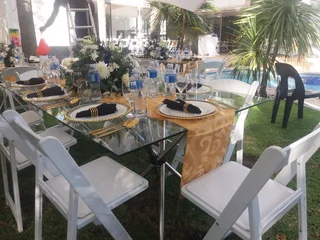 Brown Wooden tables and Wimbledon chairs hire. Full decor set up, Outdoor or Indoor events.