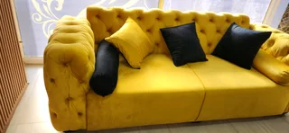 Stunning Brand New Rich Yellow Velvet Couch  with Co-Ordinated Scatter Cushions for sale