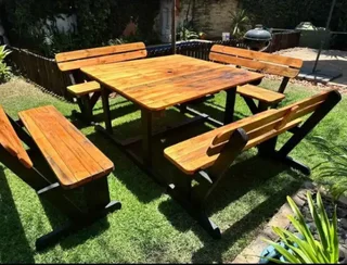 Beautiful wooden benches with tables