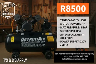 Detroit 100liter air compressor 3hp
