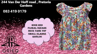 Rose Red Floral Sqaure Neck Tank Top Small-xlarge