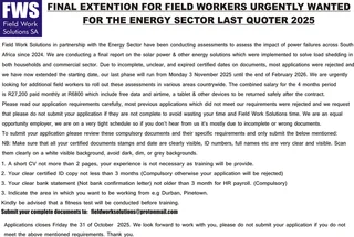 Extended applications for the last phase of field work positions in the energy sector;