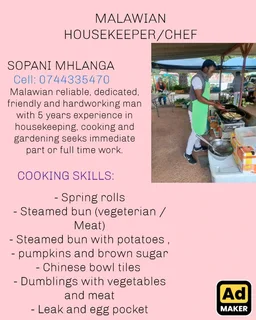 Am Sopan Mhlanga, Malawian guy am looking for housekeeping and chef job with 5 year experience