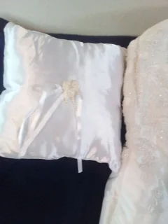 Wedding dress, size 32&#43;ring cushion.