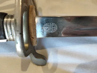 OFFICERS CEREMONIAL SWORD &amp; LEATHER SCABBARD - OLD COAT OF ARMS