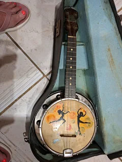 Rare Vintage George Formby Registered Banjolele, Painted Drum Head And Original Case