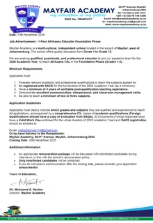 Job Advertisement - 1 Post Afrikaans Educator Foundation Phase