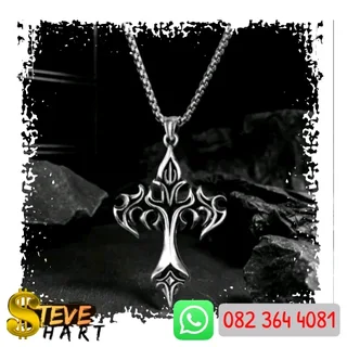 Silver and black flame cross necklace