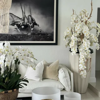 San Jose Planter in Sand Beige with Cascading White Orchids