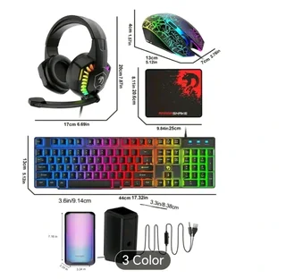 Wired gaming keyboard, mouse, mouse pad, headset and desk speakers