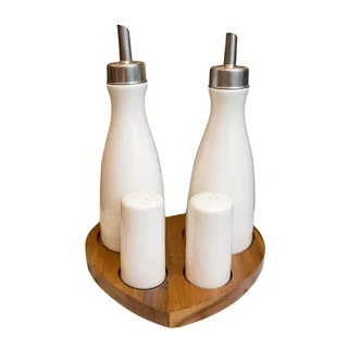 White Porcelain Oil & Vinegar Bottles with Shaker Set on Wooden Stand