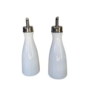 White Porcelain Oil &amp; Vinegar Bottles with Shaker Set on Wooden Stand