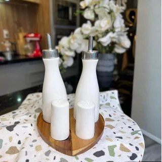 White Porcelain Oil &amp; Vinegar Bottles with Shaker Set on Wooden Stand