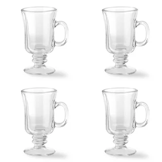 Set of 4 Irish Coffee Glass Mugs - Clear Heat-Resistant Pedestal Cups