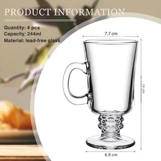 Set of 4 Irish Coffee Glass Mugs - Clear Heat-Resistant Pedestal Cups